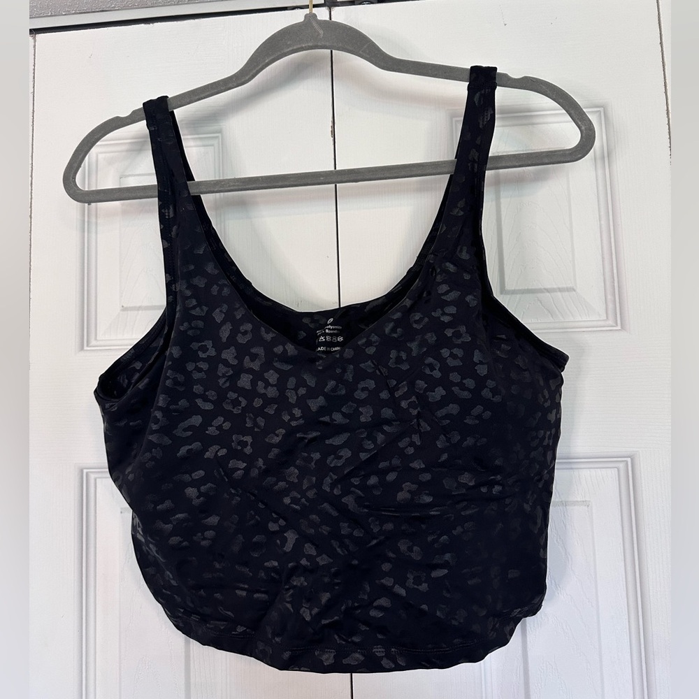 Black Shiny Leopard Workout Crop Top Padded Sports Bra